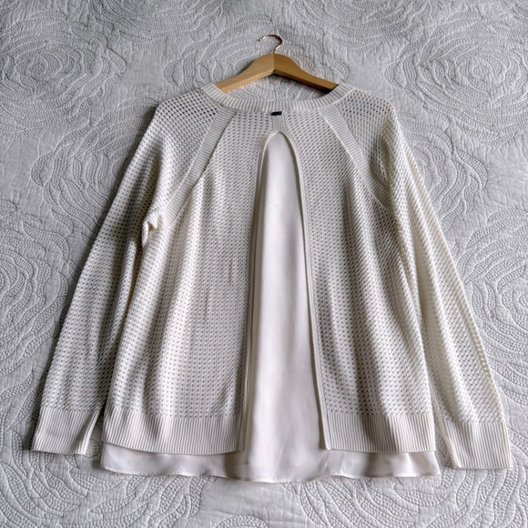 St. John - Waffle-Knit Pullover Sweater with Silk Detail - Ivory/White - Picture 8 of 14